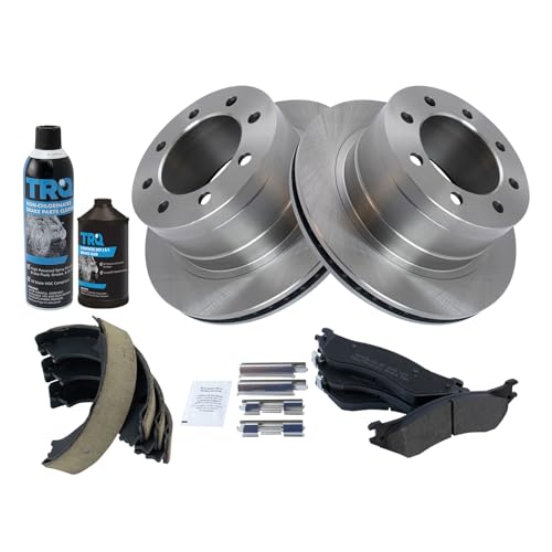 Image of TRQ Rear Brake Pad & Rotor Kit, with Chemical Kit Parking Brake Shoe Set Semi-Metallic Compatible with 2003-2005 Dodge Ram 2500 Ram 3500