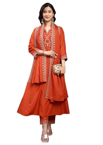 Ensemble kurta Anarkali orange en soie brodée avec pantalon et dupatta