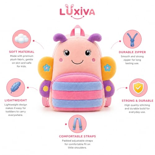 Image of Cartoon Plush Kids School Bag 2-6 Years | Soft Toy Backpack for Boys & Girls | Toddler Nursery Preschool Bag | Lightweight Adjustable Straps