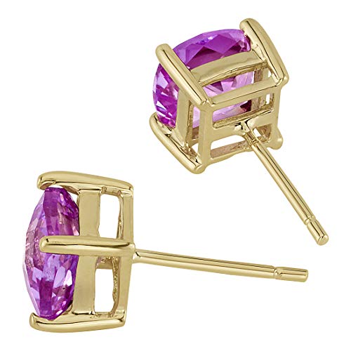 Peora Solid 14K Yellow Gold Created Pink Sapphire Stud Earrings for Women, Classic Solitaire, Hypoallergenic Cushion Cut 6mm, 2.50 Carats total, Friction Back, September Birthstone Earrings,3