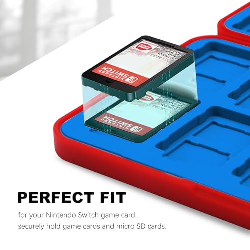 Image of FYY Nintendo Switch Game Case Holder for Switch 2 Cartridge Case with 24 Game Card Slots & 48 Micro SD Card Slots, Hard Shell, Silicone Lining Red Blue