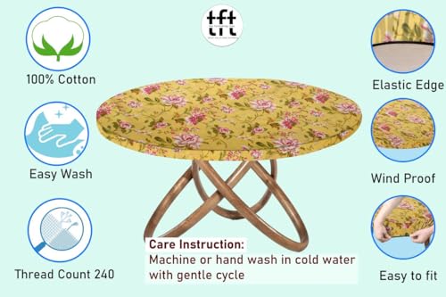 Image of The Furnishing Tree Elastic Cotton Round Dining Table Cover 36x36 in Inches Floral Pink Rose on Yellow Base