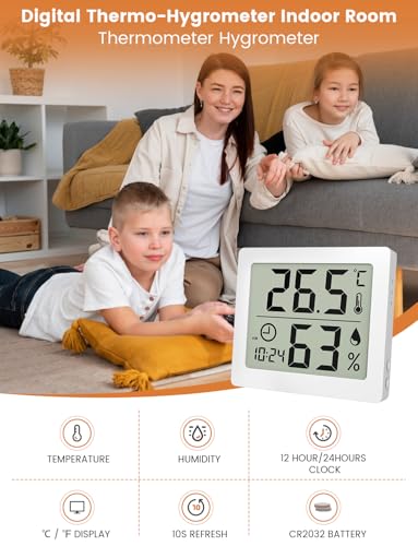 Digitales Thermo-Hygrometer Innen Thermometer Hygrometer Temeo Hygro Indicator 3,1” großer LCD-Bildschirm Temperatur und Luftfeuchtigkeitmessgerät mit Uhr (weiß)