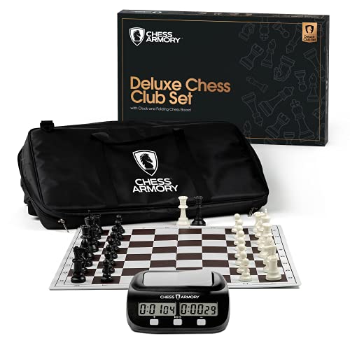 Chess Armory Deluxe Foldable Chess Set w/ Chess Board, Chess Clock and Carrying Bag - A Mobile Tournament Chess Set with Clock & Weighted Chess Pieces- Play Anywhere w/ Chess Armory Outdoor Chess Set!