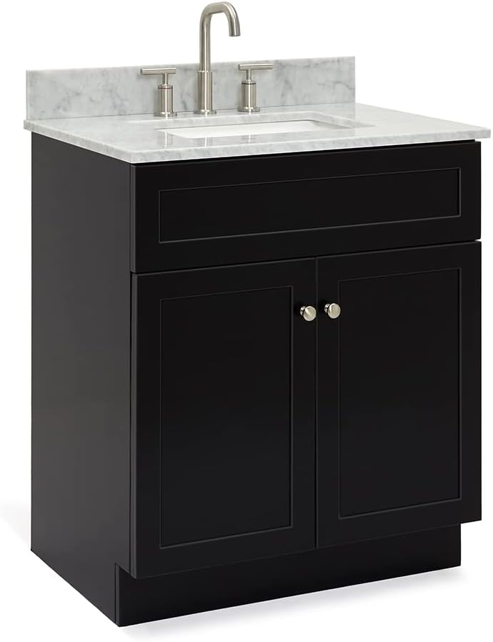 ARIEL Hamlet 30-inch Bathroom Vanity with Sink,Solid Wood, 0.75-inch Italian Carrara Marble Countertop & Backsplash, Single Oval Porcelain Sink, 2 Soft Closing Doors, Brushed Nickel, Black
