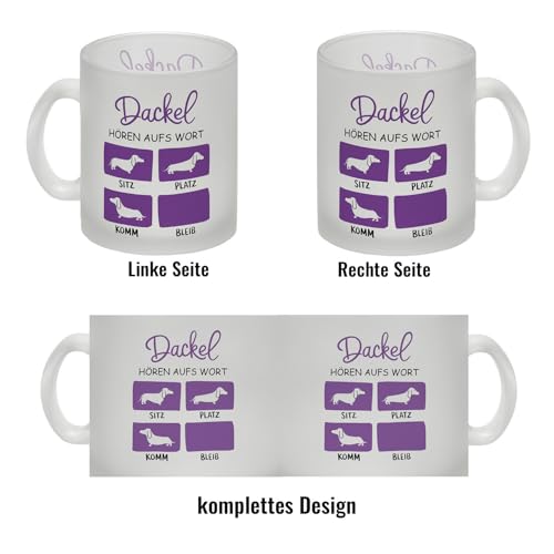 Dackel Liebe - Dackel Glas Tasse Humorvoller Glas Tasse mit Dackel Silhouette - Sitz Platz Komm Bleib Positionen und viel Liebe für Tierfreunde