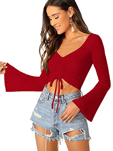 Image of SweatyRocks Women's Adjustable Drawstring String Long Bell Sleeve Rib Knit Sexy Crop Top