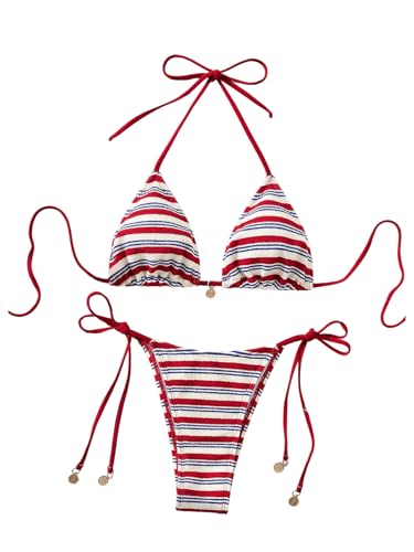 WDIRARA Women's 2 Piece Striped Bikini Set Halter Swimsuits Triangle String Bathing Suit