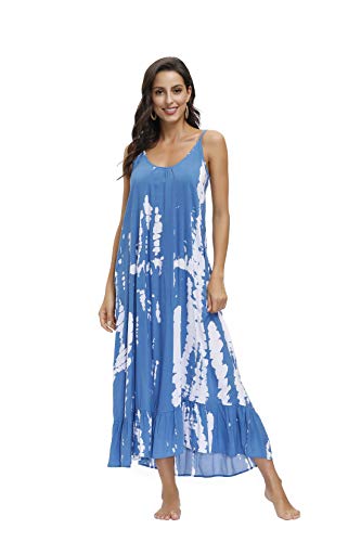 Image of BUENOS NINOS Women's V Neck Floral Maxi Dress Boho Printed Adjustable Spaghetti Strap Ethnic Beach Long Dress with Pockets