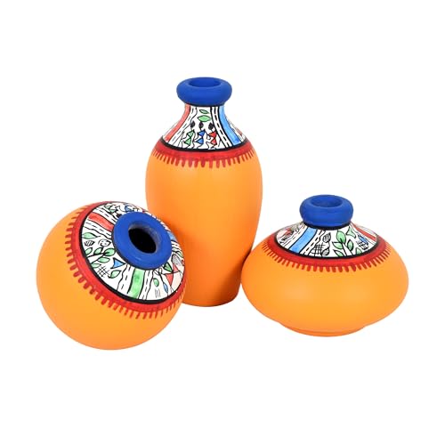 Image of Aakriti Art Creations Miniature Warli Treasures Vase Set of 3 | Madhubani Hand-Painted Terracotta Vases in Yellow | Matte Finish Decorative Vases for Living Room, Table Decor & Gifting
