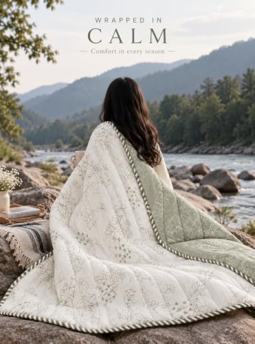 Image of RRC Floral Print Cotton Jaipuri Comforter for Single Bed | White & Green Lightweight AC Rajai | Soft Breathable 200 GSM Quilt | Summer Comforter Pack of 1