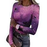 Womens Halloween Long Sleeve Crewneck Shirts Fall Trendy Funny Pumpkin Bats Skull Graphic Slim Basic Tops