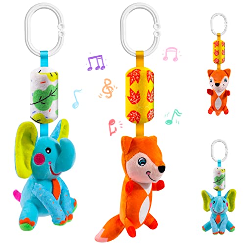 Image of rolimate Baby Toy Cartoon Animal Stuffed Hanging Rattle Toys, Baby Bed Crib Car Seat Travel Stroller Soft Plush Toys with Wind Chimes, Best Birthday Gift for Newborn 0-18 Month (Fox/Elephant)