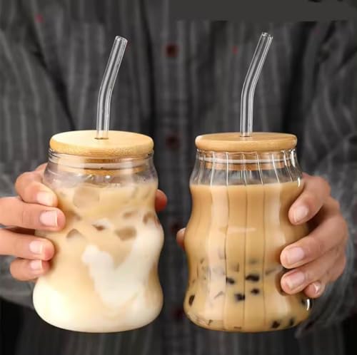 Image of SUANI Wave Shape Glass Tumbler with Lid and Straw, 500ml Transparent Drinking Glass Cup for Iced Coffee, Cold Coffee, Juice, Smoothies, Milk, Tea and Beverages, Tumbler Glass, Pack of 2