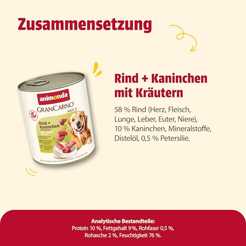 animonda GranCarno Hunde Nassfutter mit Rind + Kaninchen mit Kräutern (6 x 800 g), getreidefreies Hundenassfutter ohne Zucker, für ausgewachsene Hunde, mit fleischigen Zutaten