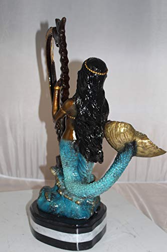 Mermaid Play Harp Bronze Statue - Size: 13" L X 8" W X 22" H. #TOP4