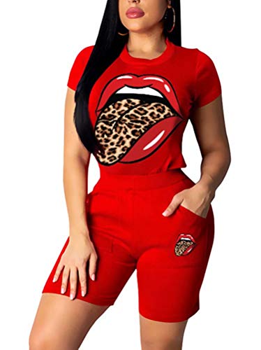Women Workout 2 Piece Set Red Lip Animal Leopard Tongue Print Tees Skinny Shorts Jogger Tracksuit Sportswear Set Red M #TOP5