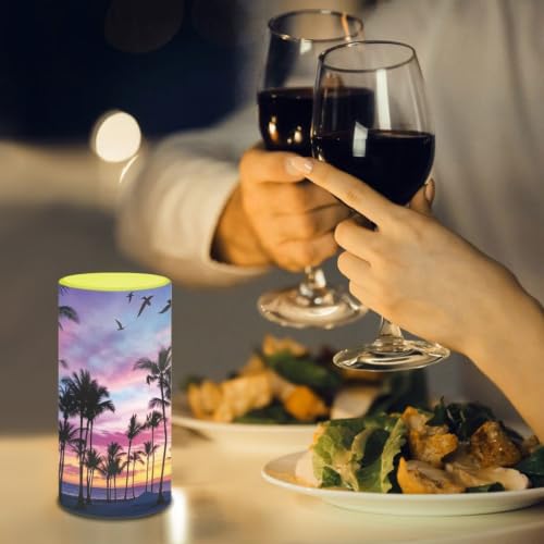 Image of Poceacles Flameless Light Candles Battery Operated Candles with Color Changing Timer Remote Control Tealights for Home Beach Dinner Party Banquet Decor, Beach Palm Tree Sunset Pattern Violet Blue