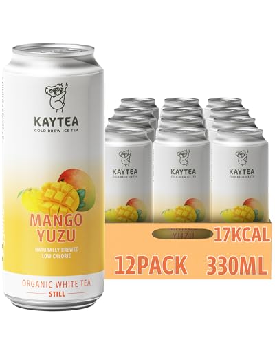 KAYTEA Cold Brew Yuzu Mango Iced Tea Cans, 330ml x 12 Cans - Organic White Ice Tea with Mango Flavour & Yuzu Infusion - Low Calorie Flavoured Ice Drinks, Made in the UK