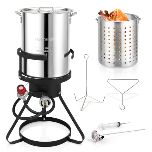 Outvita 30 Qt Turkey Deep Fryer Set, Aluminum Fish & Seafood Boiler Steamer with 55,000 BTU Propane Gas Burner Stand Injector Thermometer Hose, Ideal for Outdoor Fry Cooking, Sliver