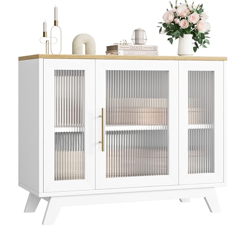 Image of 36 inch Sideboard Buffet Cabinet with Storage, Contemporary Farmhouse Kitchen Sideboard with Glass Doors & Adjustable Shelves for Dining Room & Living Room