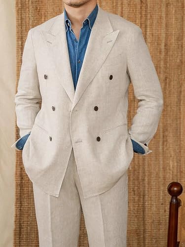 Men's Linen Suit Slim Fit 2 Piece Suits Double Breasted Suits Wedding Prom Tuxedos Business Casual Suit4