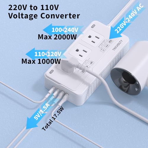 2000W Voltage Converter US to Europe, 220V to 110V Converter for European Travel, Power Adapter for Hair Dryer, Universal Travel Adapter with 3 AC/ 2 USBC/ 2 USBA/EU/UK/AU/IT Plugs (White)2