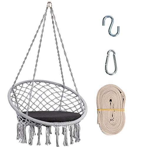 Giantex Hammock Chair Macrame Swing - Hanging Chair With Cushion And Hardware Kit, 330 Lbs Weight Capacity, Indoor Swing For Hammock Stand, Patio, Balcony, Living Room Hammock Swing (Grey) #TOP13