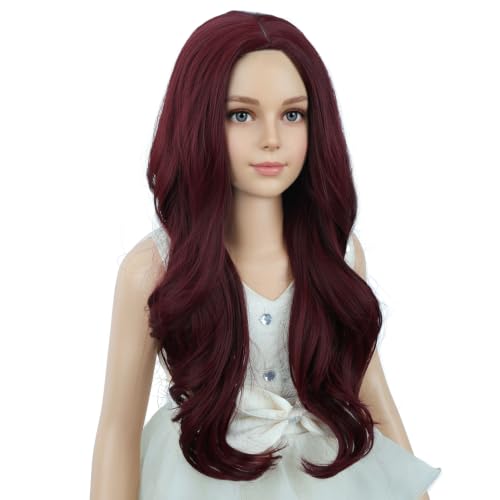 Image of PATTNIUM Wine Red Long Curly Wigs for Kids Girls Burgundy Middle Part Heat Resistant Synthetic Wigs Halloween Cosplay Costume Party Wig