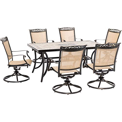 Hanover Fontana 7-Piece Patio Dining Set, Rust Resistant Aluminum Outdoor Dining Set with 6 Swivel Rockers and Porcelain Tile Rectangular Dining Table