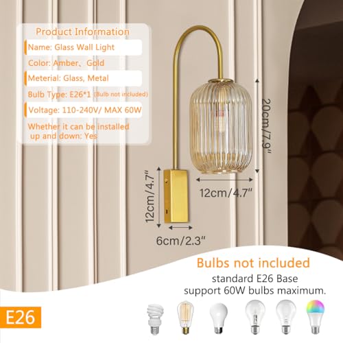 Image of 1-Light Bathroom Vanity Light fixtures Glass Globe Wall Sconce Lights Gold Wall Mount Light with Amber Glass Shade Mid Century Modern Wall Sconce for Over Mirror Bedroom Hallway