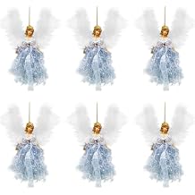 Set of 6 Christmas Angel Ornaments with White Feather Wings, Plush Dolls with Golden Hair, Holiday Tree Decor