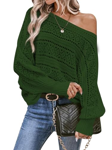 Cakulo Womens Off The Shoulder Sweater Top Fall 2024 Oversized Knit Batwing Long Sleeve Crochet Pullover Sweaters Green M