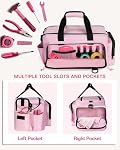 Sac à outils rose pour les femmes, 16 Boîte de rangement d'outils Inches Spacieuse Compartiment principal, Ouverture large, Poches multiples, Poignée rembourrée, Bracelet d'épaule réglable, tactique MOLLE Boucle