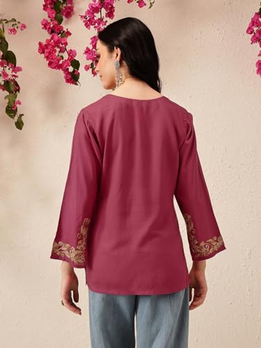 Image of QAZMI Women's Aari Embroidered Viscose Rayon V-Neck Full Sleeves Short Kurti