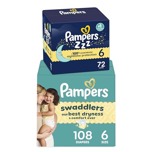 Bundle of Pampers Swaddlers Diapers, Size 6 (23-44 lbs), 108 Count, Absorbent, Pampers ZZZ Overnight Diapers, Size 5 (27+ lbs), 88 Count, Nighttime Protection Disposable Baby Diaper