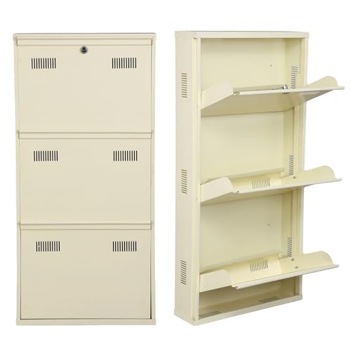 Image of Metal Shoe Rack Wall Mounted for Home with Central Locking |3 Door 20 inch Wall Mounted Metal 6 Pair Shoe Rack Cabinet | Pre-Assembled Rack Shelves | 3 Year Warranty (Ivory)