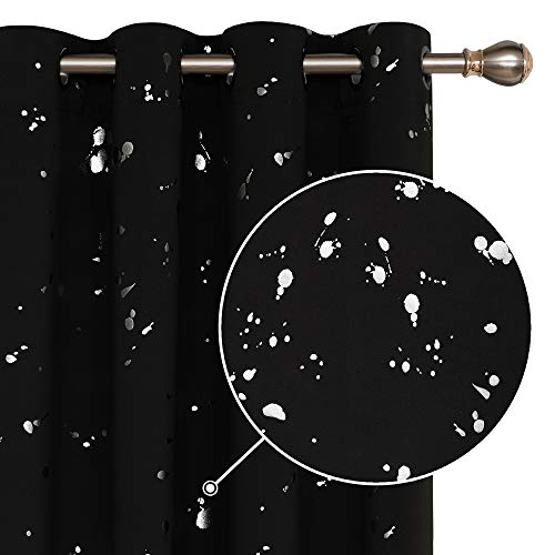 Deconovo Black Blackout Curtains 84 Inch Length Silver Dots Printd Curtains Grommet Living Room Darkening Curtains Sliding Door Curtains Soundproof Window Curtian for Bedroom 52 W x 84 L Black 1 Pair
