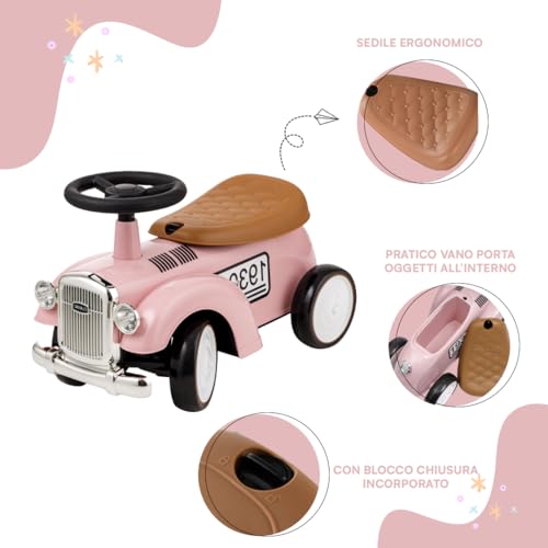 Baroni Toys Vintage Rutschfahrzeug für Kinder von 12 bis 36 Monaten, Retro Rutschauto mit Hupe, Staufach, Lenkstange und stabilen Rädern zum Laufenlernen, 25x59x35 cm (Rosa) – Bild 5
