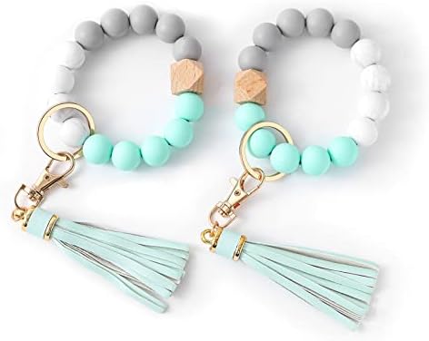 Alysha 2PCS Silicone Beaded Bracelet Keychain, Key Ring Bangle Wristlet Keychain with Leather Tassel for Women/Girls(Bright Green)