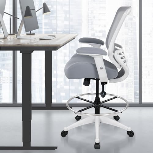 Image of BOLISS 400lbs Mesh Ergonomic Drafting Chair,Tall Office Chair, Standing Desk Chair,Height Adjustable Armrest,Lumbar Support,Foot Ring,Swivel Computer Task Chair-Gry