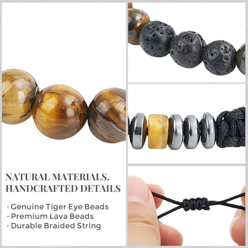 Set 3 Pulseras para Hombre de Ojo de Tigre y Roca de Lava miniatura 4
