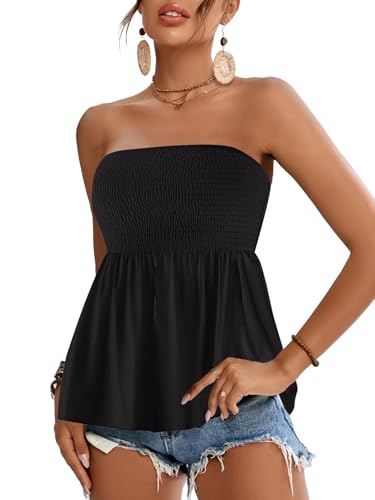 Rooscier Women's Smocked Tube Tops Ruffle Hem Sleeveless Peplum Bandeau Strappy Cami Tank
