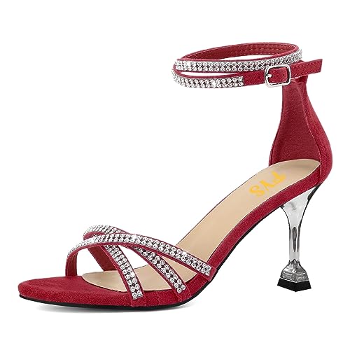 FYS Women's Glitter Rhinestone Strappy Heeled Sandal Open Toe Ankle Strap Mid Heels Dress Wedding Party Daily Shoes Size 4-16 US