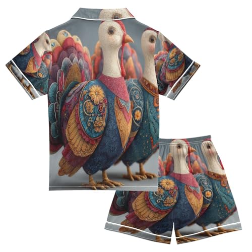 Satin Pajama Sets Short Sleeve Colorful Feathers Turkeys Button Down Silky Nightwear 2 Piece PJS 5-14Y2