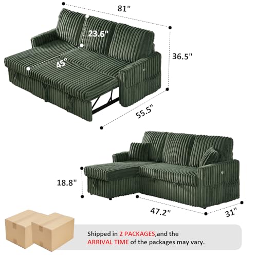 Image of KCGKCG 81 inch Sleeper Sofa Bed with Storage Chaise & USB Charging, Plush Corduroy L-Shaped Pull Out Couch Bed, Sectional Couches for Living Room with Cup Holder, Side Pocket(Green)