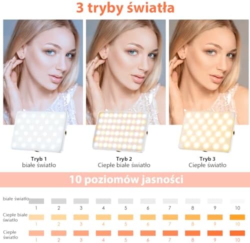 TONEOF Oświetlenie telefonu komórkowego do selfie,60LED,ładowalna lampka do telefonu z klipsem i podwójnym otworem na śrubę 1/4 cala, lampa do aparatu 2500-9000 K do telefonu, laptopa, tabletu-Biały