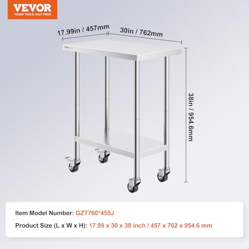 Image of VEVOR Stainless Steel Work Table 30 x 18 x 38 Inch, with 4 Wheels, 3 Adjustable Height Levels, Heavy Duty Food Prep Worktable for Commercial Kitchen Restaurant, Silver