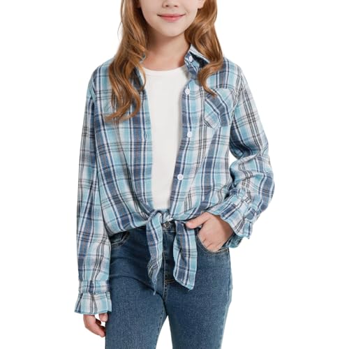 Girls Long Sleeve Flannel Plaid Shirt Casual Button Down Shirts Tie Front Collared Blouse Tops for 5-14 Years Blue