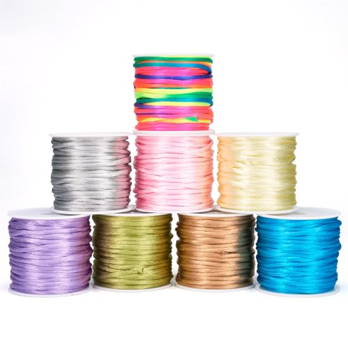 Crafans 8 rotoli di corde in nylon per perline, 8 colori, 2 mm, rotonde, intrecciate, in raso, per nodi cinesi, fili a coda di topo, fili di nylon per lavori artigianali con perline